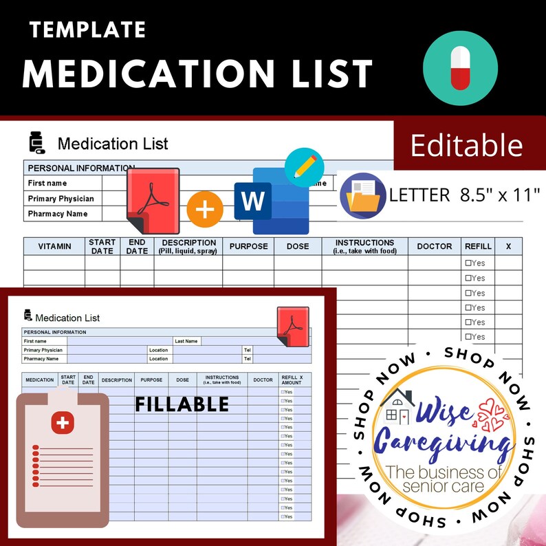 Medication List Template PDF Fillable Medication List Etsy