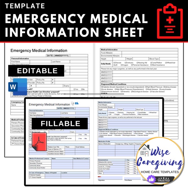 Emergency Medical Information Template, Client Profile, Primary Contacts, Home Care Business Form, Online PDF Fillable, Word Version, Print
