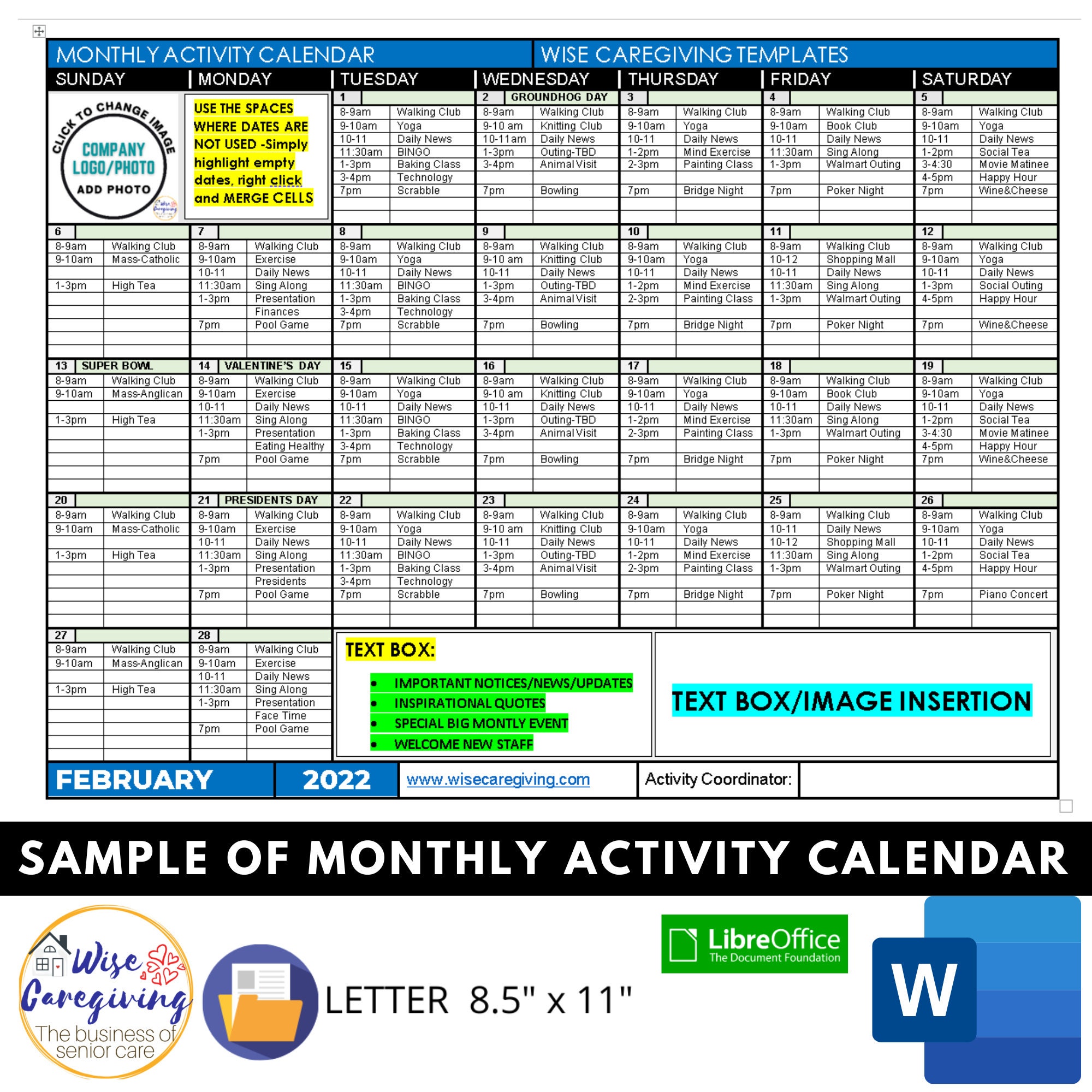 Monthly Activity Calendar, Home Care Template, Monthly Event Planner,  Social Activities, Caregiving, Personal Care Service, Edit, Printable - Etsy