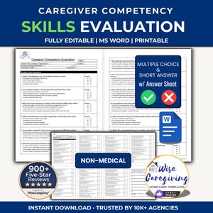 Home Care Skills Caregiver Competency Evaluation: Written  Exam & Answer Sheet | Editable Staff Test