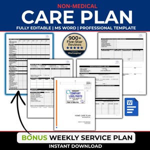 Puede incluir: Una colección de plantillas imprimibles de planes de atención. La imagen presenta varios documentos con tablas y texto, incluido un título "Care Plan". Las plantillas están etiquetadas como "Totalmente editables" y compatibles con "MS Word". La imagen también incluye un gráfico de "Bonus Weekly Service Plan".