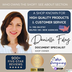 May include: A headshot of a smiling woman with dark hair, next to text that reads "A shop known for high quality products & customer service." Additional text includes "5+ yrs on Etsy" and "900+ five-star reviews."