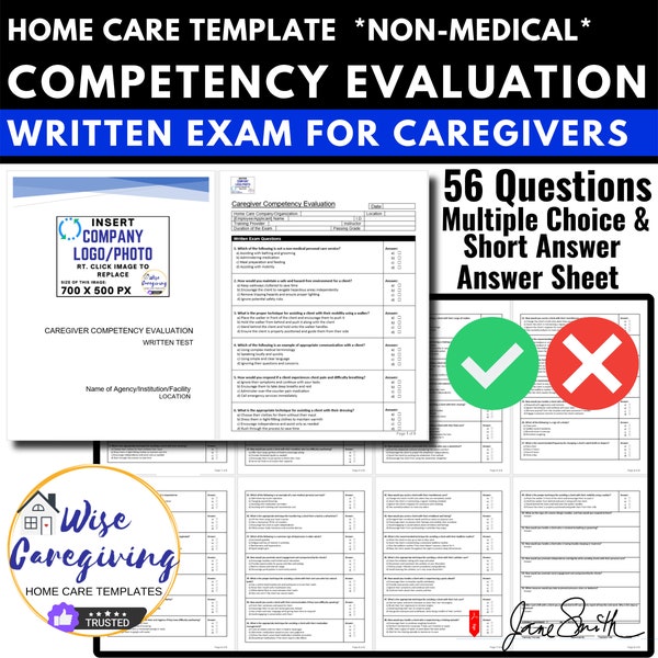 Caregiver Competency Evaluation, Written Exam Template, Home Care Agency Employers, Compliance Form, Skills and Knowledge, Printable Test