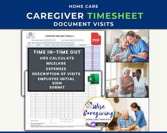 Caregiver Timesheet Template: Auto Calculate Hours, Excel PDF Printable