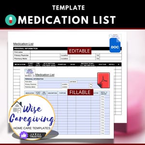 Track Medications Easily, Medication List Template, Fillable PDF & MS Word, Medicine Log, Home Care Chart, Pill Tracker, Printable