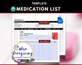 Track Medications Easily, Medication List Template, Fillable PDF & MS Word, Medicine Log, Home Care Chart, Pill Tracker, Printable