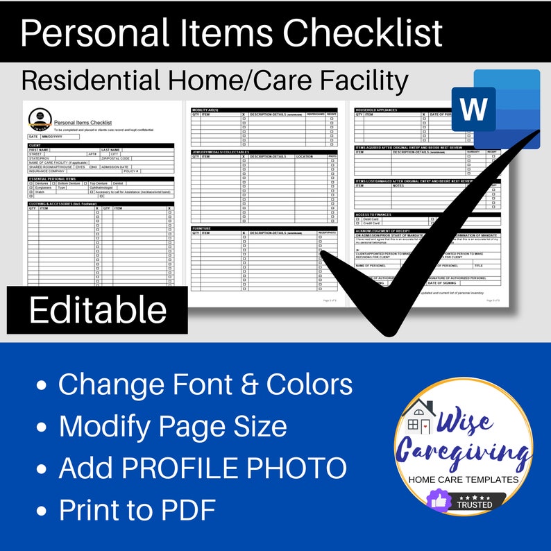 Belongings Checklist Template, Home Care Form, Residence Facility ...