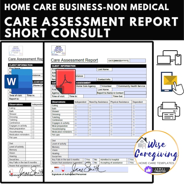 Home Care Visit Report, Caregiving Assessment, quick overview of support needs, Non Medical, Editable, Fillable Form, Printable, Add LOGO