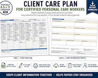 Assisted Living Client Care Plan, Personal Care Worker Form, Landscape PDF Printable