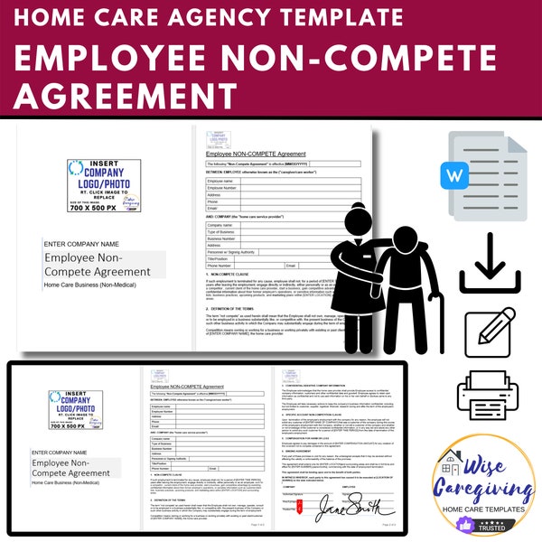 Non Compete Employee Agreement Template, Non Medical Home Care Provider Document, Safeguard your Business, Insert LOGO, Editable, Printable