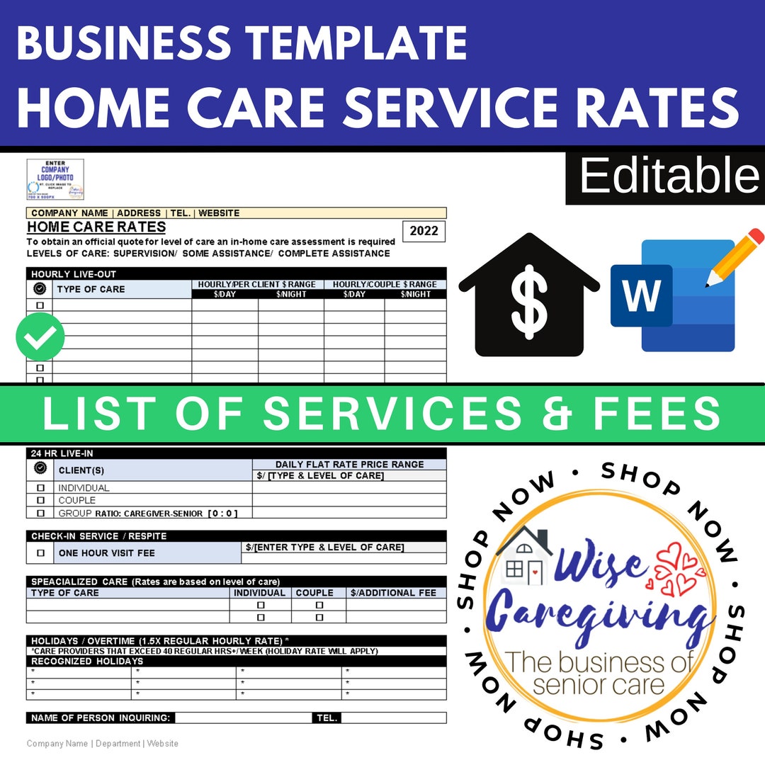 Home Care Fee Template Personal Care Service Rates Etsy