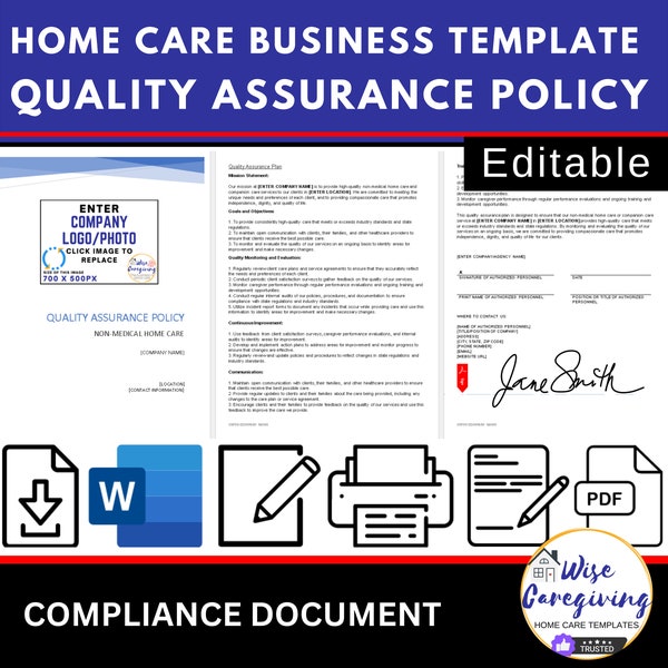 Home Care Quality Assurance Policy Template, Non Medical Personal Care Agency Form, Compliance Document, Insert Logo, Editable, Printable