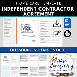 Home Care Independent Contractor Agreement Template, Outsourcing Non-Medical Caregivers, MS Word, Table of Contents, Insert Logo, Printable