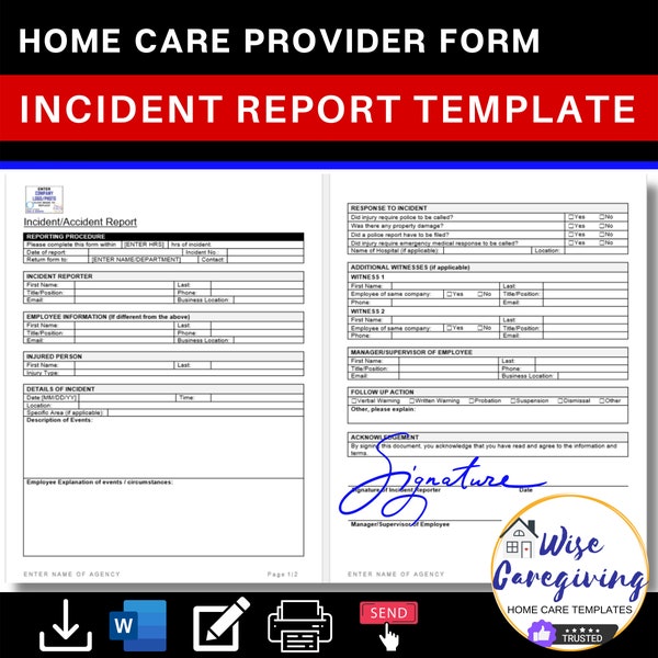 Home Care Incident Report Template, Work Accident Form, Personal Care Agency, Compliance Document, Insert LOGO, Editable, Printable