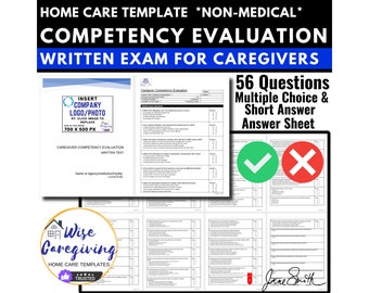 Home Care Employee Competency Evaluation, Written Exam Sheet with Answers for Agency Employer,  Caregiver Skills, Compliant Printable Test