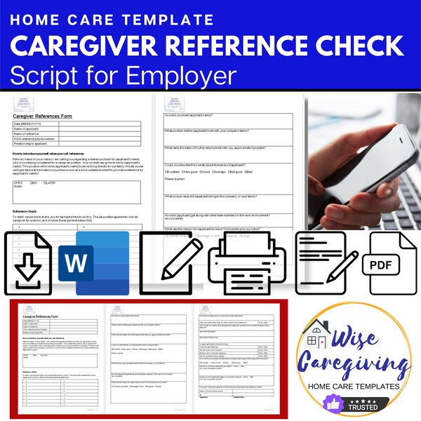 Caregiver Reference Check Template, Employer Script to Screen Applicants, Personal Care Attendant Position, Non Medical, Editable, Printable