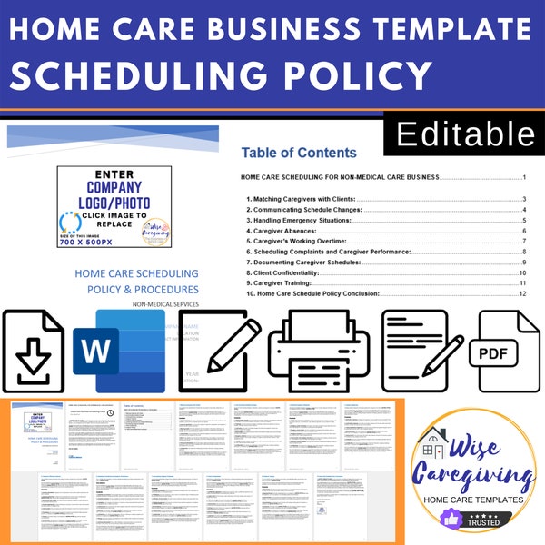 Home Care Scheduling Policy and Procedures Template, Non Medical, Compliance Document, Personal Care Agency Form, Insert Logo, Editable