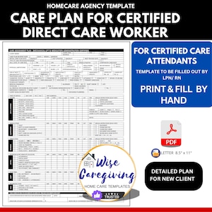 Home Care Task Plan for Certified Health Care Workers, RN Form to Fill Out, Caregiver Assigned Tasks, ADL’s, Print and Fill by Hand PDF