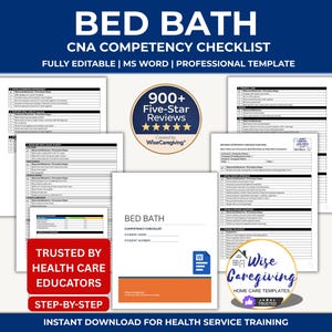 Puede incluir: Una plantilla profesional para una lista de verificación de competencias de CNA, titulada "Bed Bath". La imagen incluye varias páginas de la lista de verificación, una insignia de "900+ reseñas de cinco estrellas" y el texto "Trusted by Health Care Educators".