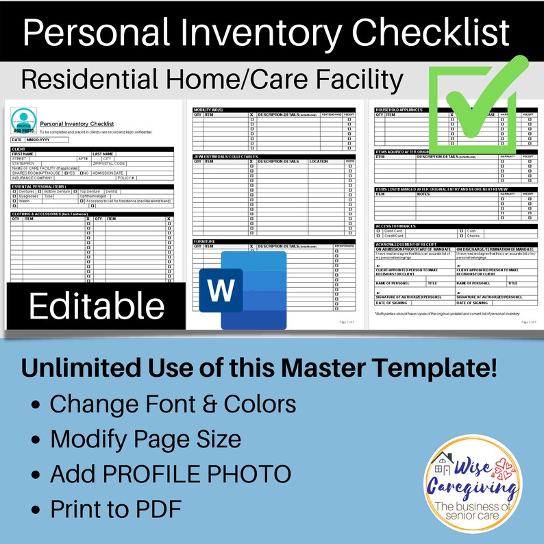 Personal Items Checklist Template Home Care Document Etsy