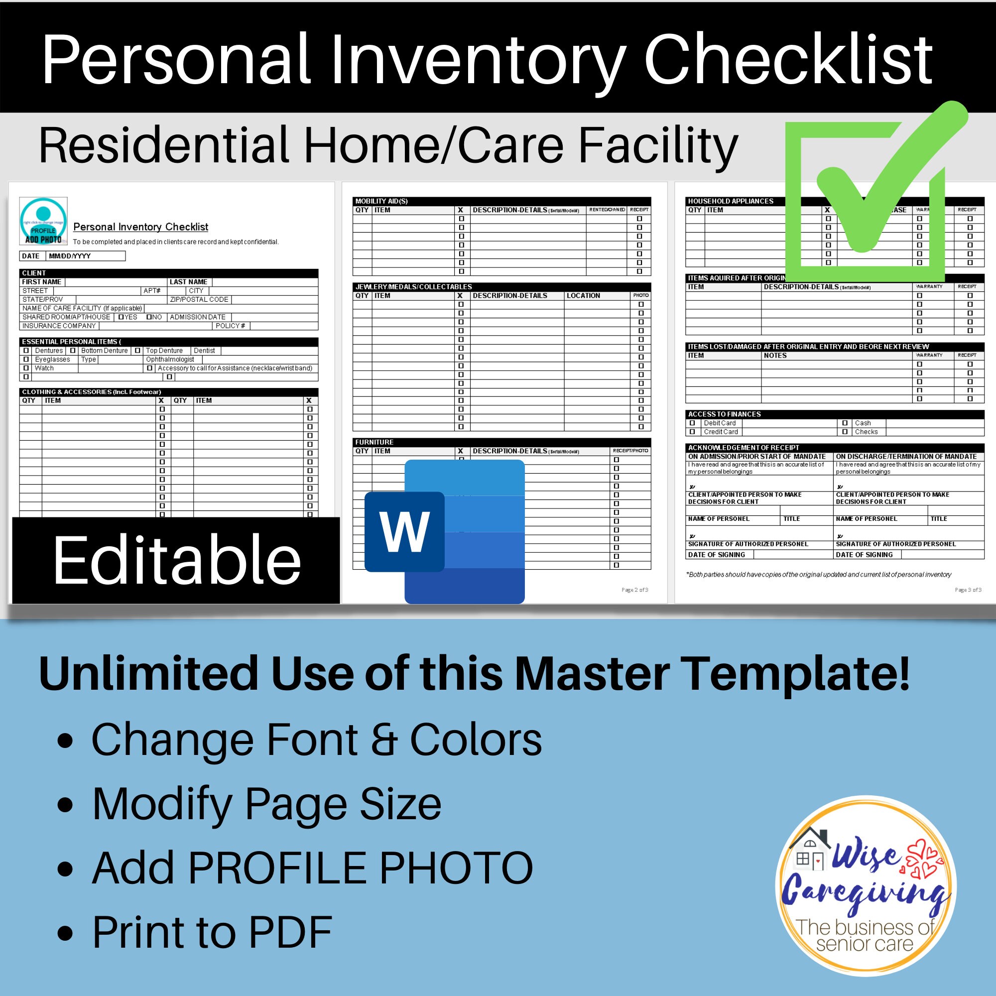 Belongings Checklist Template Home Care Form Residence - Etsy