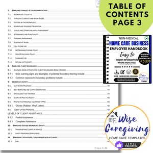May include: A page from a "Home Care Business Employee Handbook" with a table of contents and a section on workplace safety. The handbook is a digital download with 60 pages. The cover features the text "Wise Caregiving" and a logo.