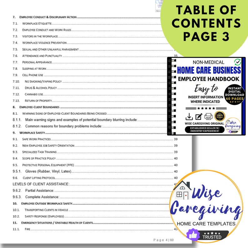 May include: A page from a "Home Care Business Employee Handbook" with a table of contents and a section on workplace safety. The handbook is a digital download with 60 pages. The cover features the text "Wise Caregiving" and a logo.