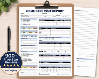 Home Care Visit Report Printable PDF, Caregiver Daily Log, 2-Sided Client Care Form Template