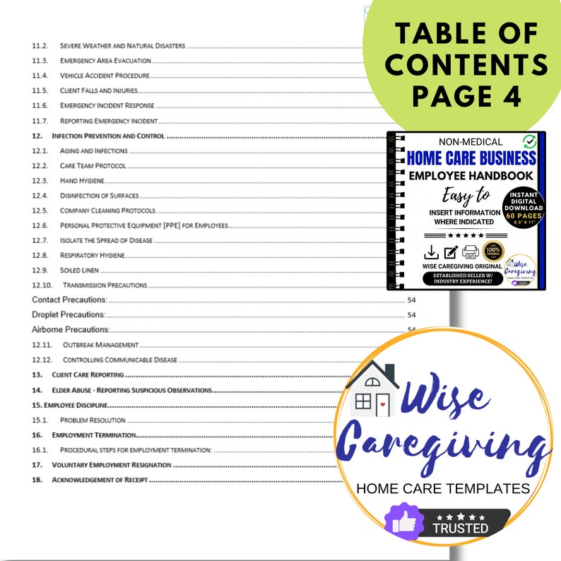 May include: A page from a home care business employee handbook. The table of contents lists topics like emergency procedures and infection control. The cover features the text "Home Care Business Employee Handbook" and "Wise Caregiving".
