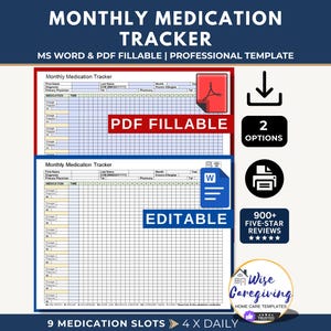Monthly Medication Tracker Template: Home Care Medical Log | Adobe Fillable PDF & MS Word Format