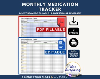 Monthly Medication Tracker Template: Home Care Medical Log | Adobe Fillable PDF & MS Word Format