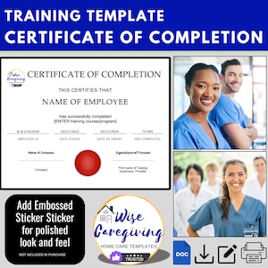 Caregiver Training Certificate of Completion Template, Home Care Completion Diploma, Insert Logo, MS Word Document, Editable, Printable