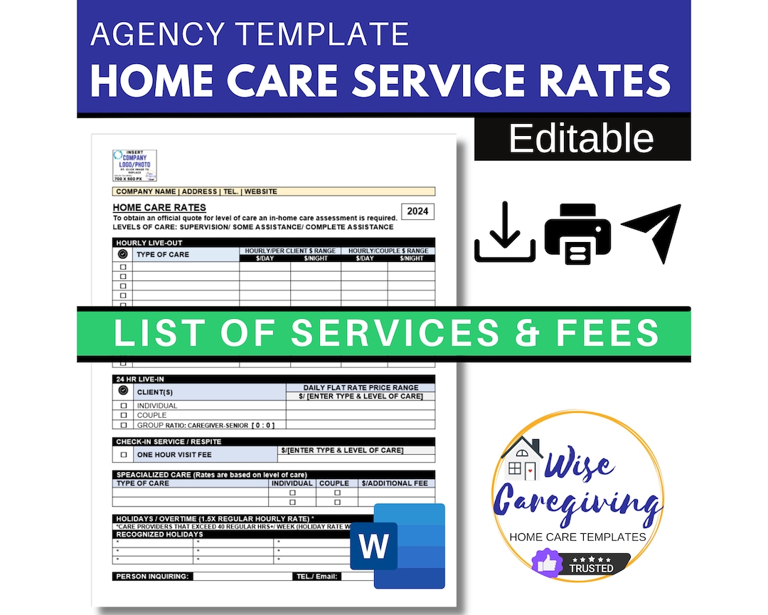 Home Care Fee Template, Personal Care Service Rates, Caregiving Price