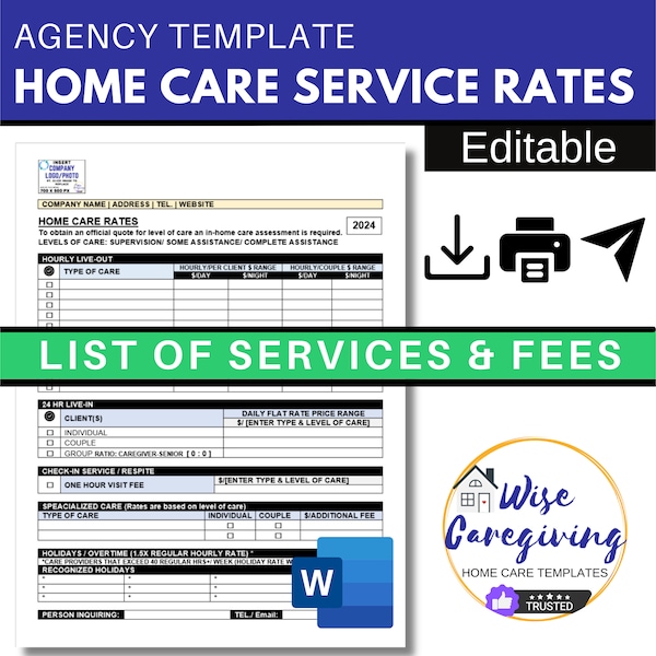 Home Care Fee Template,  Personal Care Service Rates, Caregiving Price Sheet, Cost of Care for Non Medical Services, Editable, Printable