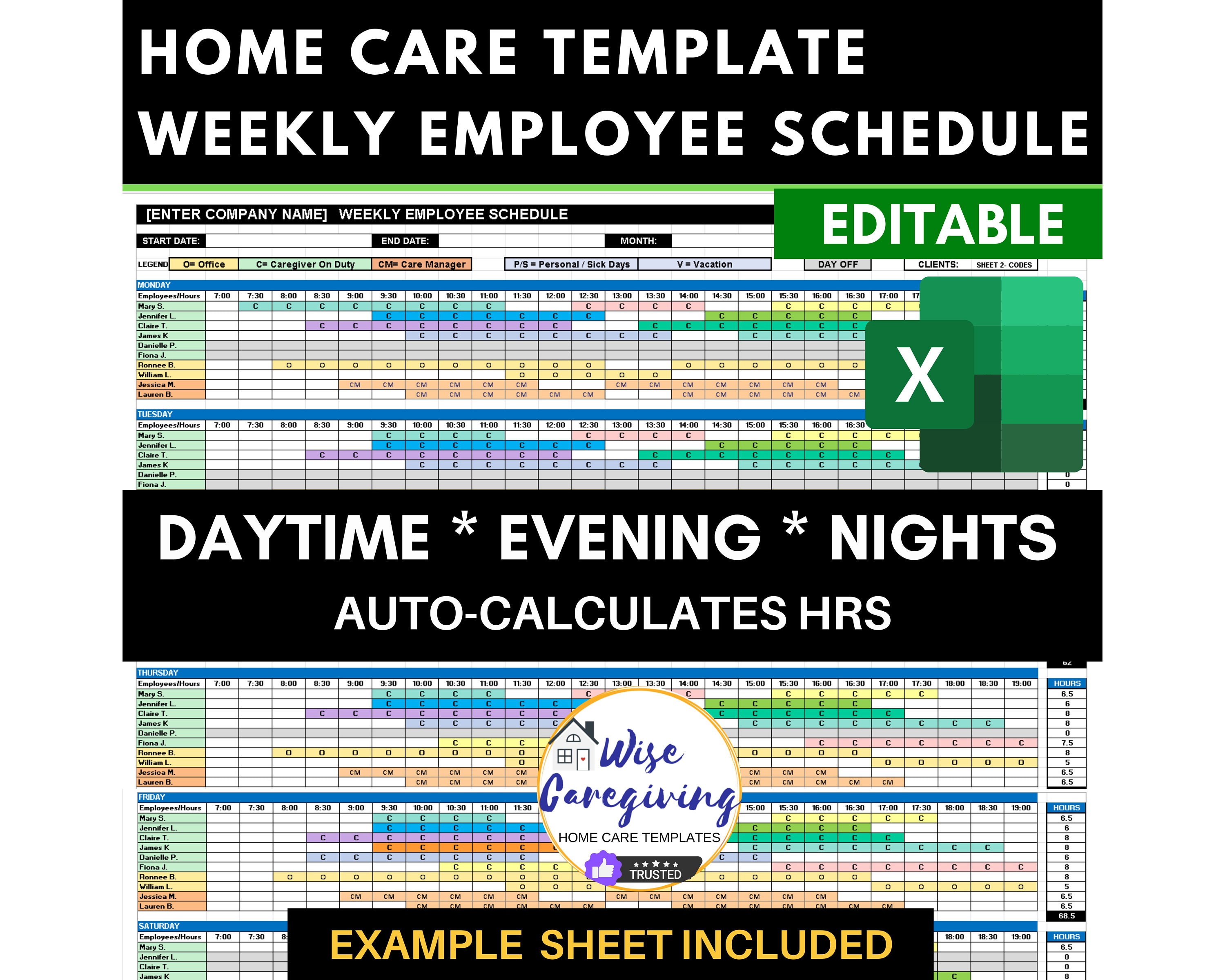 Weekly Company Schedule Template, Employee Day/night Shift, Organize Staff,  Auto-calculates Employee Hours, Insert LOGO, Editable, Printable - Etsy