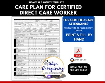 Home Care Plan for Certified Personal Care Service Workers, RN form to fill, CNA Assigned Tasks, ADL Requirements, Print and Fill by Hand