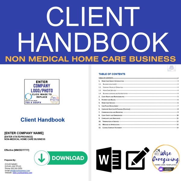 Home Care Client Handbook, Professional Document, Non Medical Agency Manual, Policies and Procedures, TOC, Insert LOGO, Editable, Printable