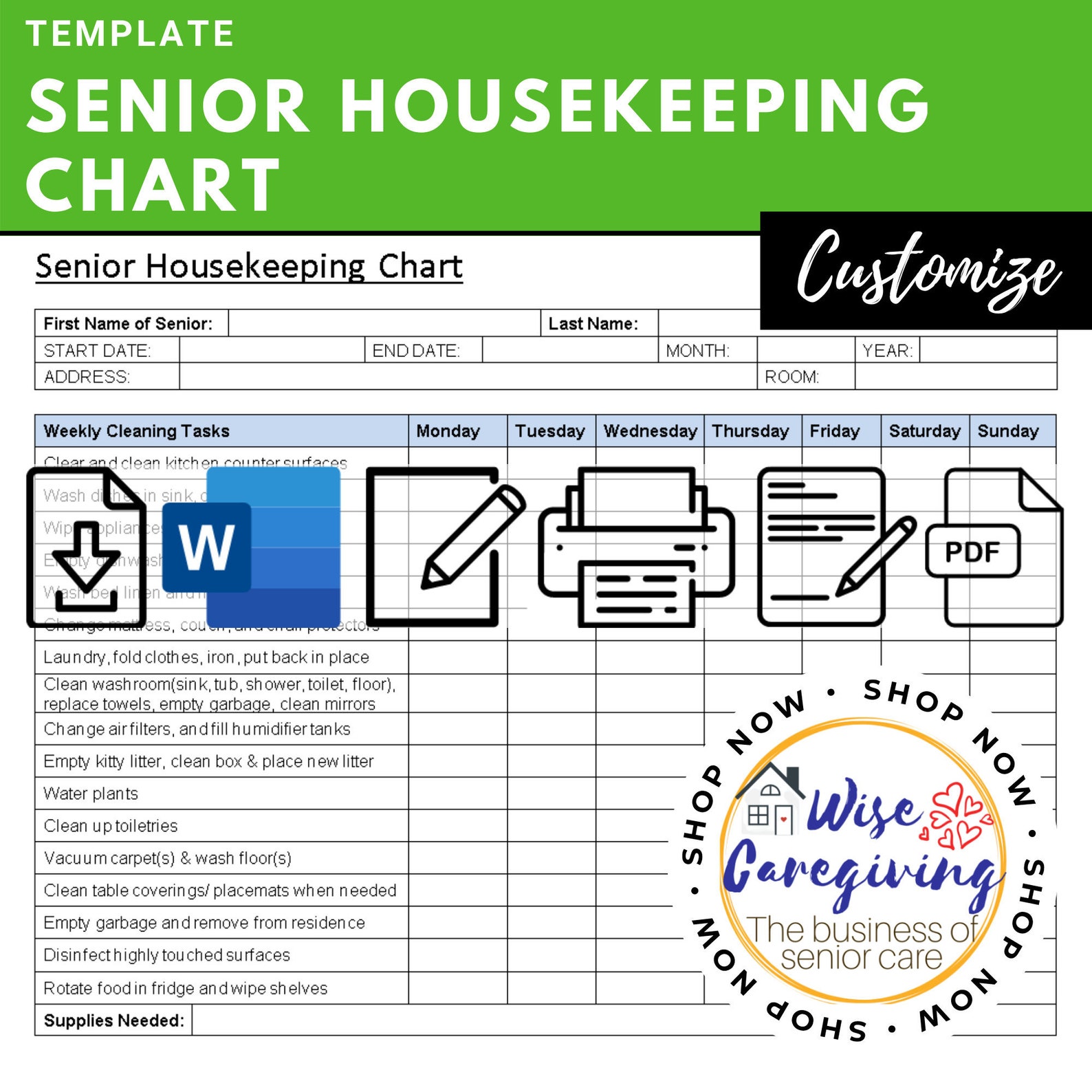 Senior Housekeeping Chart Professional Home Care Template Etsy