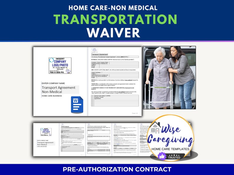 Transport Agreement Template: Non-Medical Home Care Business | Editable MS Word Form Document | Printable - Wise Caregiving