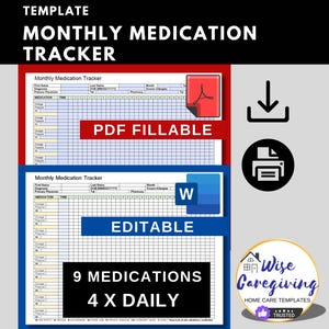 Monthly Medication Tracker Template, Fillable Medication Chart, Medical Log, Home Care Buainess, Fillable Form, Editable, MS Word Document