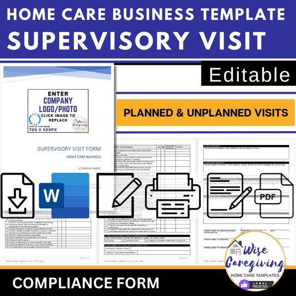 Home Care Supervisory Visit Form, Home Care Business Template, Compliance Document, Assessment of Caregiver Services, Editable, Printable