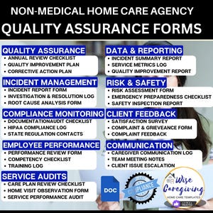 Quality Assurance and Improvement Folder, 30 Professional Home Care Agency Forms for Non Medical Services, QAPI, MS Word Docs, Insert Logo