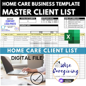 Home Care Client List, Professional Business Template, Client Management, Senior Care Provider, Digital Fill, Excel Sheet, Add LOGO, Print