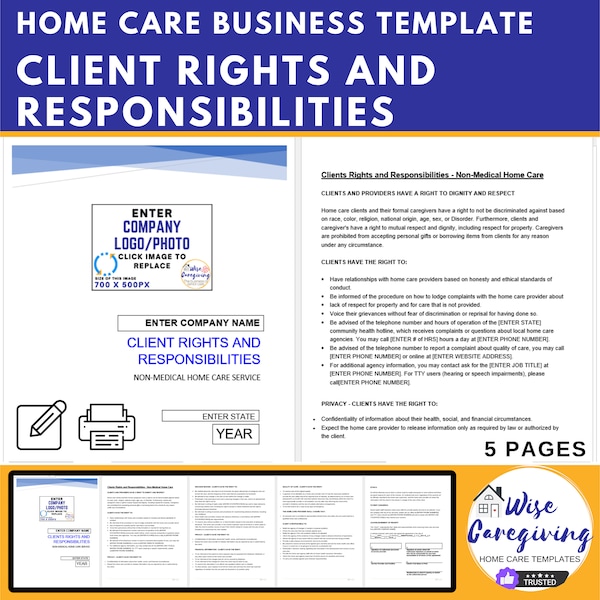 Clients Rights and Responsibilities Template, Non-Medical Home Care Business, Agency Document, US Compliance Form, Editable, Printable
