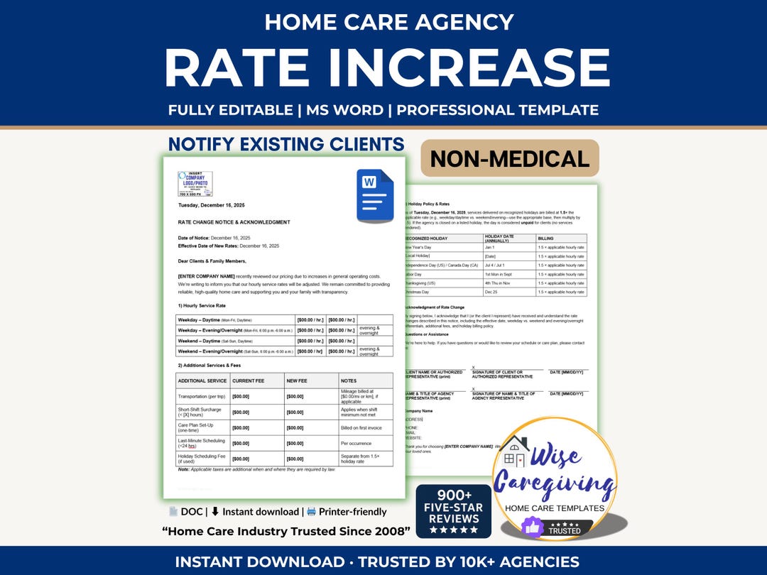 Sample Rates Notice Service Rate Increase Notice Template: Home Care Non-medical Business ...