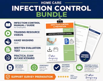 May include: An infection control bundle for home care featuring a manual, training videos, hand washing quiz, written evaluation test, and practical exam with case scenarios. Includes editable MS Word documents and printable A4 sized pages.