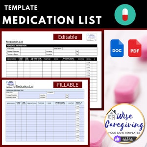 Medication List Template, PDF Fillable Medication List, Medication Tracker, Medicine Log, Home Care Chart, Pill Tracker, Editable, Printable