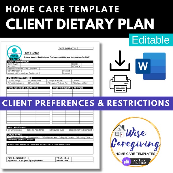 Dietary Plan Template, Home Care Provider Form, Food Likes and Dislikes, Food Allergies and Sensitivities, Profile Photo, Editable, Print