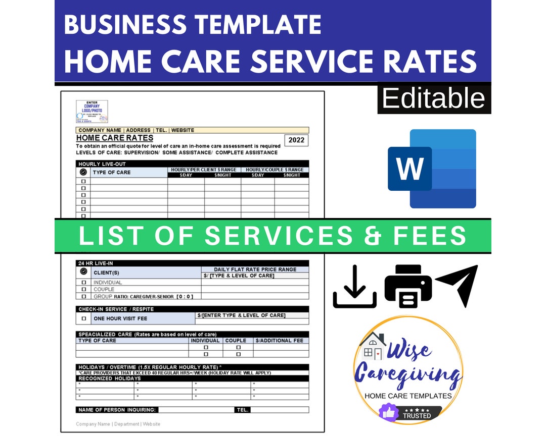 Home Care Fee Template, Personal Care Service Rates, Caregiving Price