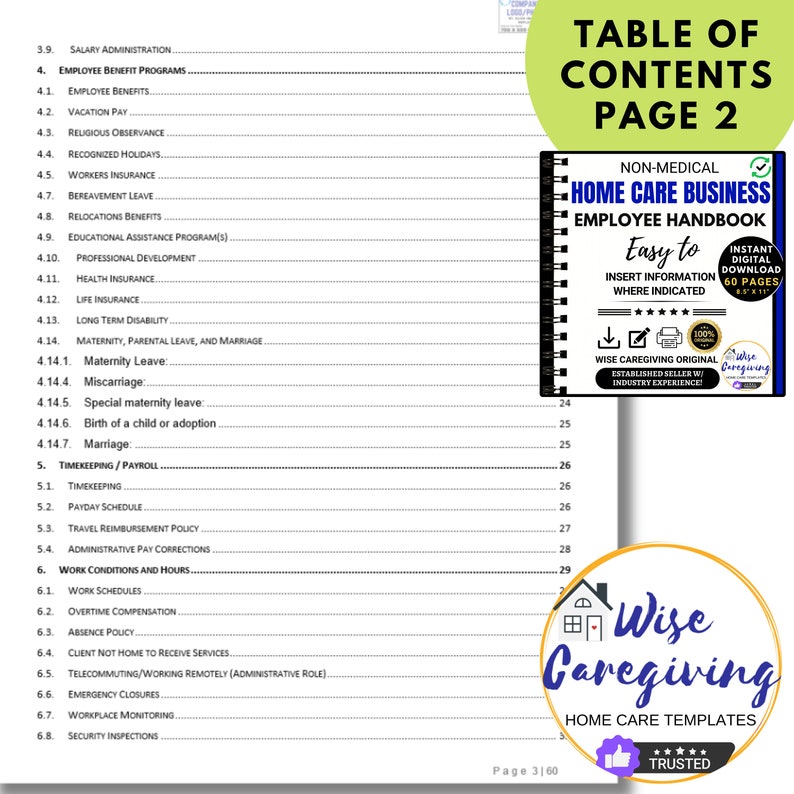 May include: Page from a "Home Care Business Employee Handbook" with a table of contents. The handbook includes sections on employee benefits, timekeeping, and work conditions. The cover features the text "Easy to Insert Information" and "Wise Caregiving".